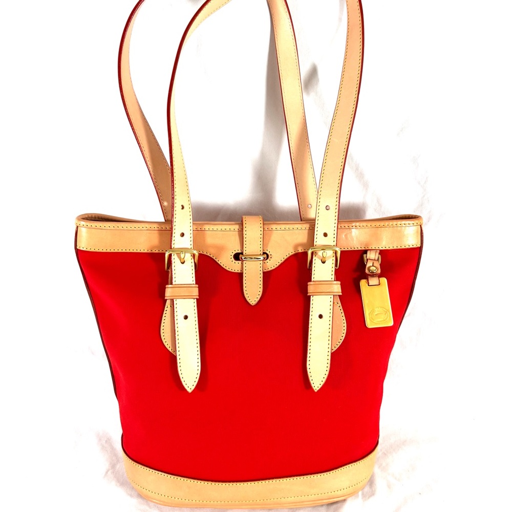 DOONEY AND BOURKE Red Canvas Tan Leather Trim Tote Shoulder Bag Made in USA